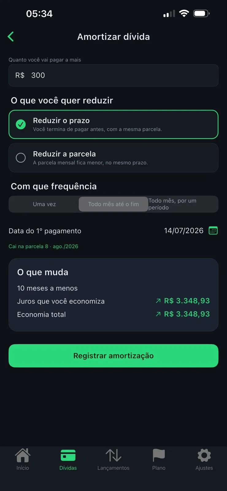 Tela do Hunas simulando uma amortização e mostrando os meses e juros economizados.